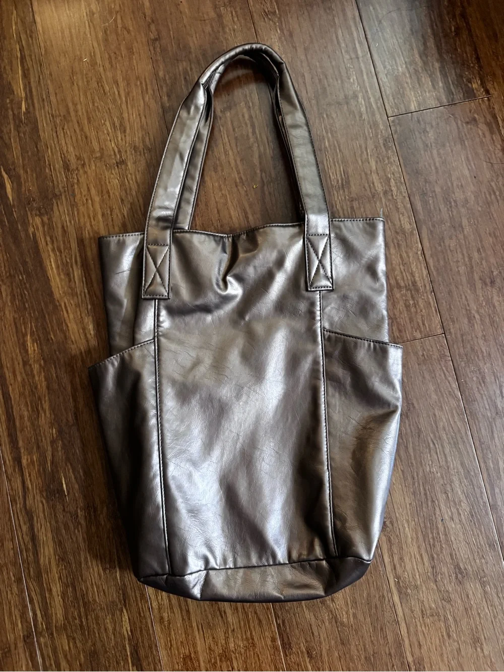 Retro Metallic Copper Brown Large Tote Bag Embossed Floral Teal Blue Print Purse